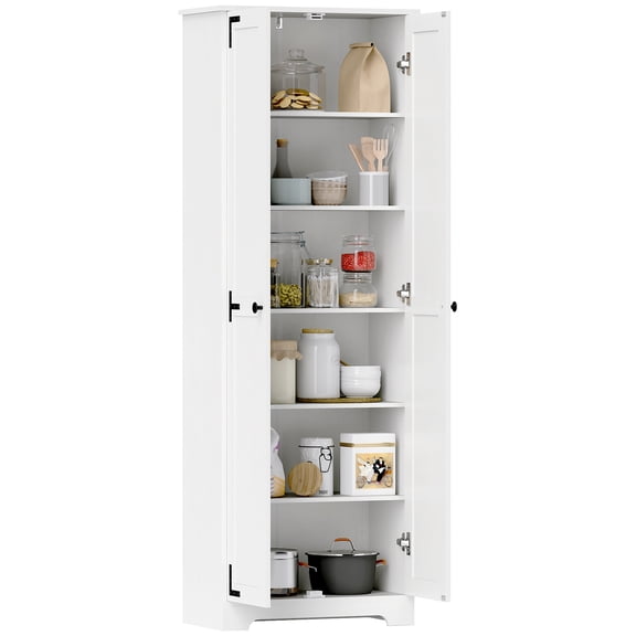 HOMCOM 67" Farmhouse Pantry Cabinet, Tall Storage Cabinet, Distressed White