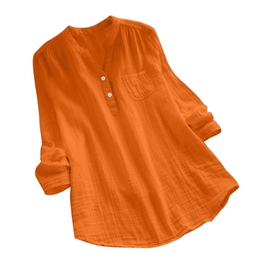 RKSTN Hauts pour Femmes Décontractés à Col en V à Manches Longues avec Boutons Chemises Tuniques en Coton et Lin Été Couleur Unie Doux Mignon Plissé Polyvalent Chandail à Enfiler Hauts