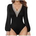 thumbnail image 1 of FAIWAD Women's Puffy Long Sleeve Short Jumpsuit Deep V Neck Lace Splicing Slim Stretch Rompers, 1 of 4