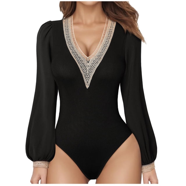 FAIWAD Women's Puffy Long Sleeve Short Jumpsuit Deep V Neck Lace Splicing Slim Stretch Rompers