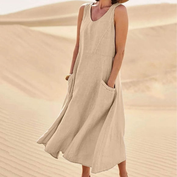 Aqestyerly Women's Summer Dress Sleeveless V-Neck Solid Color Cotton Linen Long Casual Comfortable Lightweight Fashion Maxi Dress HWRETIE
