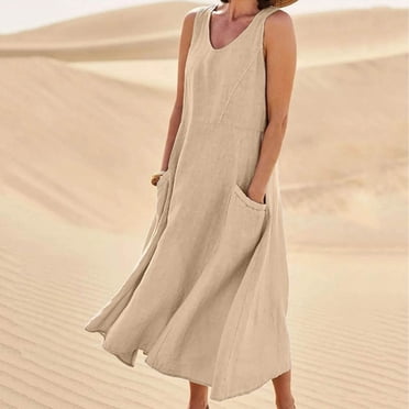 Aqestyerly Women's Summer Dress Sleeveless V-Neck Solid Color Cotton Linen Long Casual Comfortable Lightweight Fashion Maxi Dress HWRETIE