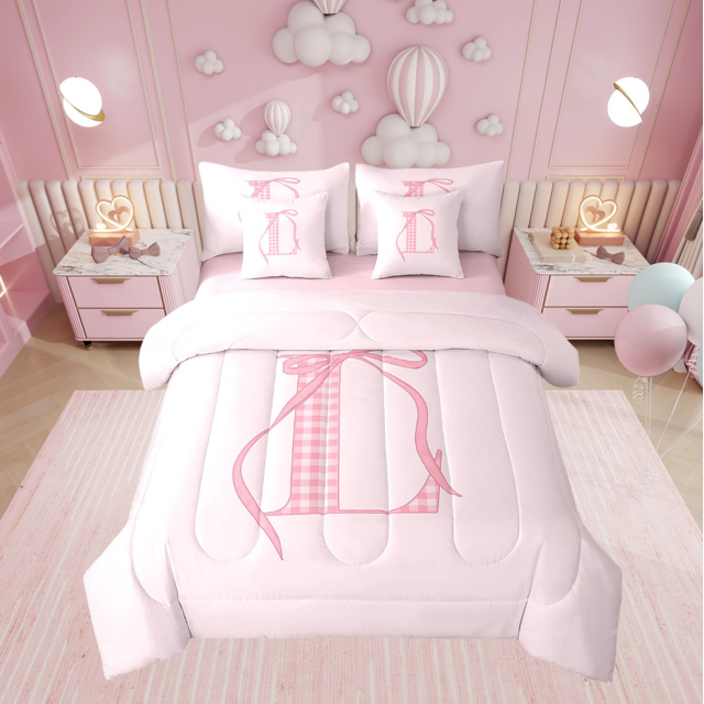 Erosebridal Ensemble de Literie Monogrammé pour Ados Format Très Grand, Ensemble de Lit Lettre Initiale L, Déco Nœud Rose, Réversible