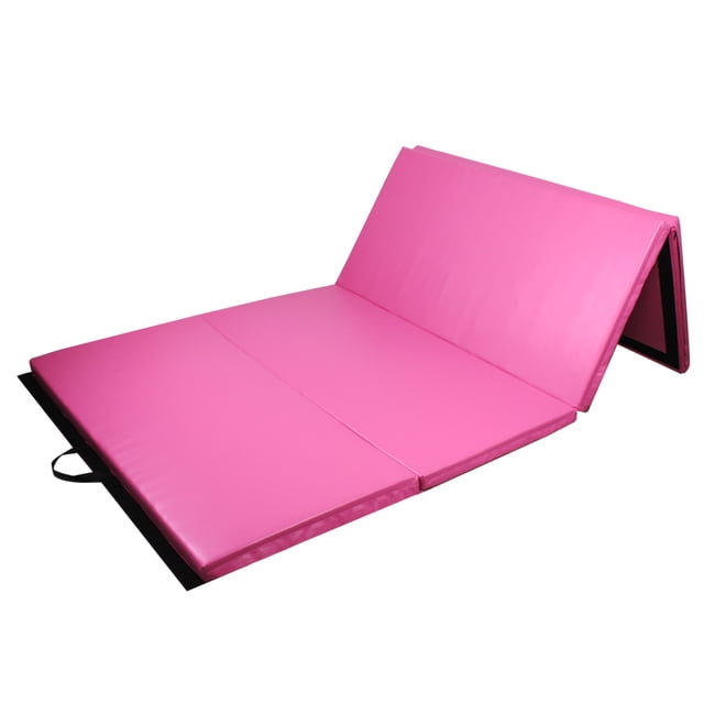 PRISP Gymnastics Mat 8' x 4' x 2", Folding Gym Mat for Tumbling, Exercise & Fitness. A pink, foldable exercise mat with four panels, made of durable PU leather and padded with 2-inch shock-absorbing EPE foam. Includes sewn-in carrying handles and velcro strap connectors for connecting additional mats. Ideal for gymnastics, tumbling, yoga, martial arts, and home gym setups.