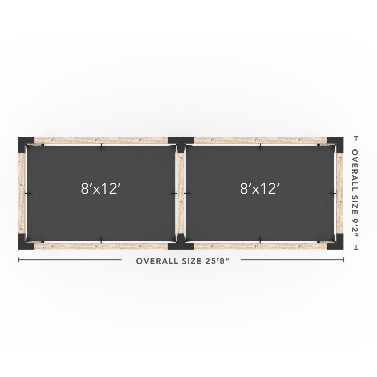 Kit Toja 12' x 22' Double Pergola avec 2 voiles d’ombre pour poteaux en bois 6x6