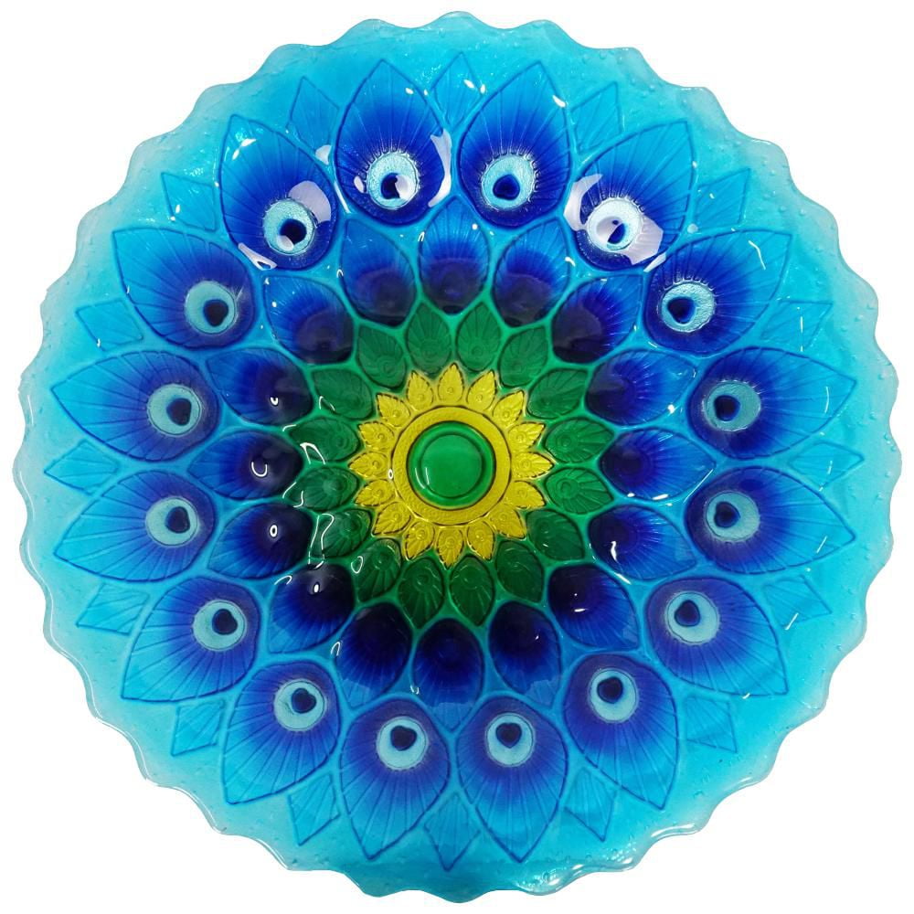 Angelo Décor Bain d'oiseau en verre de paon de 59 cm avec support en métal et lumière solaire