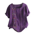 thumbnail image 1 of Dealovy Hauts en Coton et Lin pour Femmes, Col Rond, Manches Courtes, T-Shirts Brodés à Motif Floral, T-Shirts Grande Taille, 1 of 3