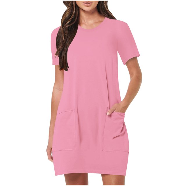 Timegard Robes de Maison pour Femmes Col Ras du Cou Manches Courtes Coupe Ajustée Couleur Unie Décontractée Confortable Robe Poches