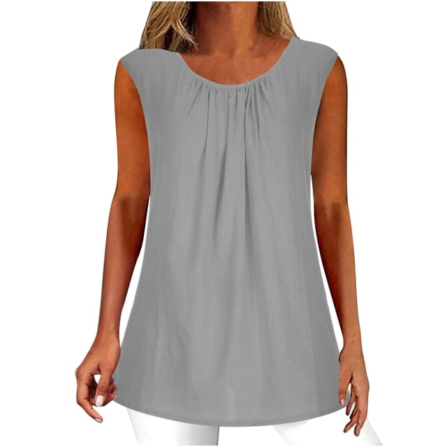 Timegard Tank Tops for Women Round Neck Ruched Lightweight Summer Beach Casual Tunic Tops Sleeveless