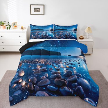 YST Ensemble de Couette Galets Taille Complète, Literie Douce Plage Étincelante, Literie Ciel Étoilé Eau de Mer Clair de Lune, Paysage Nocturne Bleu Noir Marron avec Insert de Couette pour Chambre