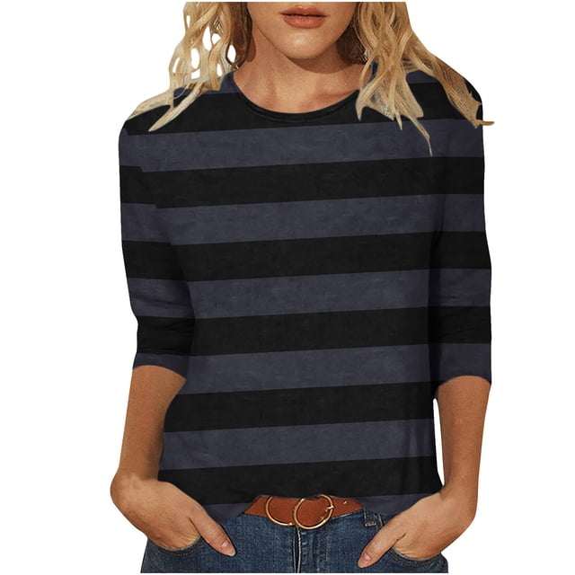 Meichang T-Shirts à Manches 3/4 Grande Taille pour Femmes, Décontractés, à Imprimé Rayé, Col Ras du Cou, Hauts Légers, Doux et Extensibles, Manches Trois Quarts, Chemise, P-4TG