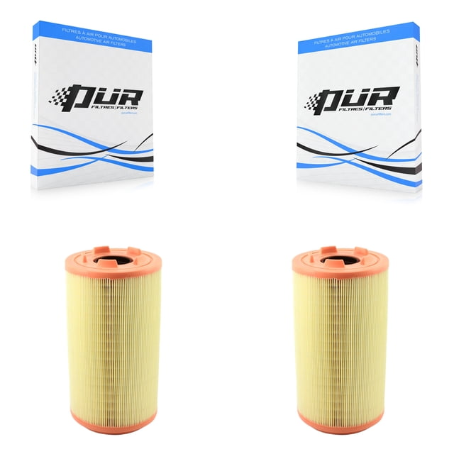 PUR Engine Air Filter (2 Pack) for Car Ram ProMaster 2500 3500 1500 K57-100144. The image shows two cylindrical air filters with orange tops and pleated yellow filter material, accompanied by branded PUR packaging in white and blue. Designed to fit specific Ram ProMaster models from 2014 to 2025, these filters protect the engine by preventing damaging particles, improving response time, and enhancing fuel economy. Includes a limited lifetime warranty.