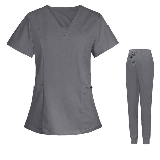 Scrubs Set for Women V-Neck Stretch Scrub Top and Drawstring Jogger Pants with 7 Pockets Anti Wrinkle Soft Nursing Uniform Set Short Sleeve Protective Work Clothes Shirt Set Gray