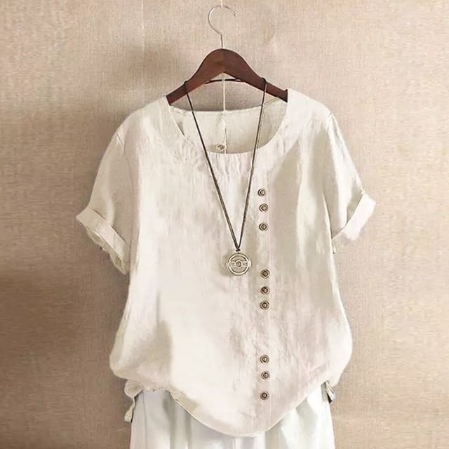 LSLJS Womens T Shirts Womens Summer Casual Solid Color Round Neck Short Sleeve Tops Buttons Blouses