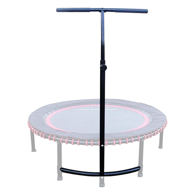 LEAPS & REBOUNDS 48-inch adjustable stabilizer bar for fitness trampolines, a durable black steel fitness accessory with cushioned foam handles for balance. The T-bar attaches to trampoline legs and adjusts to three heights: 49, 52, and 55 inches. Trampoline sold separately.