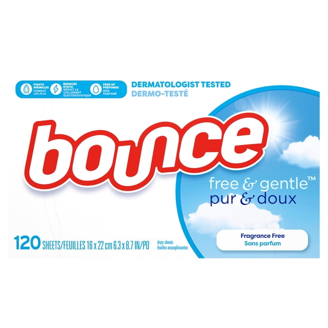 Bounce Free & Gentle Dryer Sheets, Unscented, box of 120 sheets measuring 16 x 22 cm (6.3 x 8.7 in), dermatologist tested, fragrance-free, reduces static cling and wrinkles, hypoallergenic with no dyes or perfumes, packaging shows blue sky with clouds.