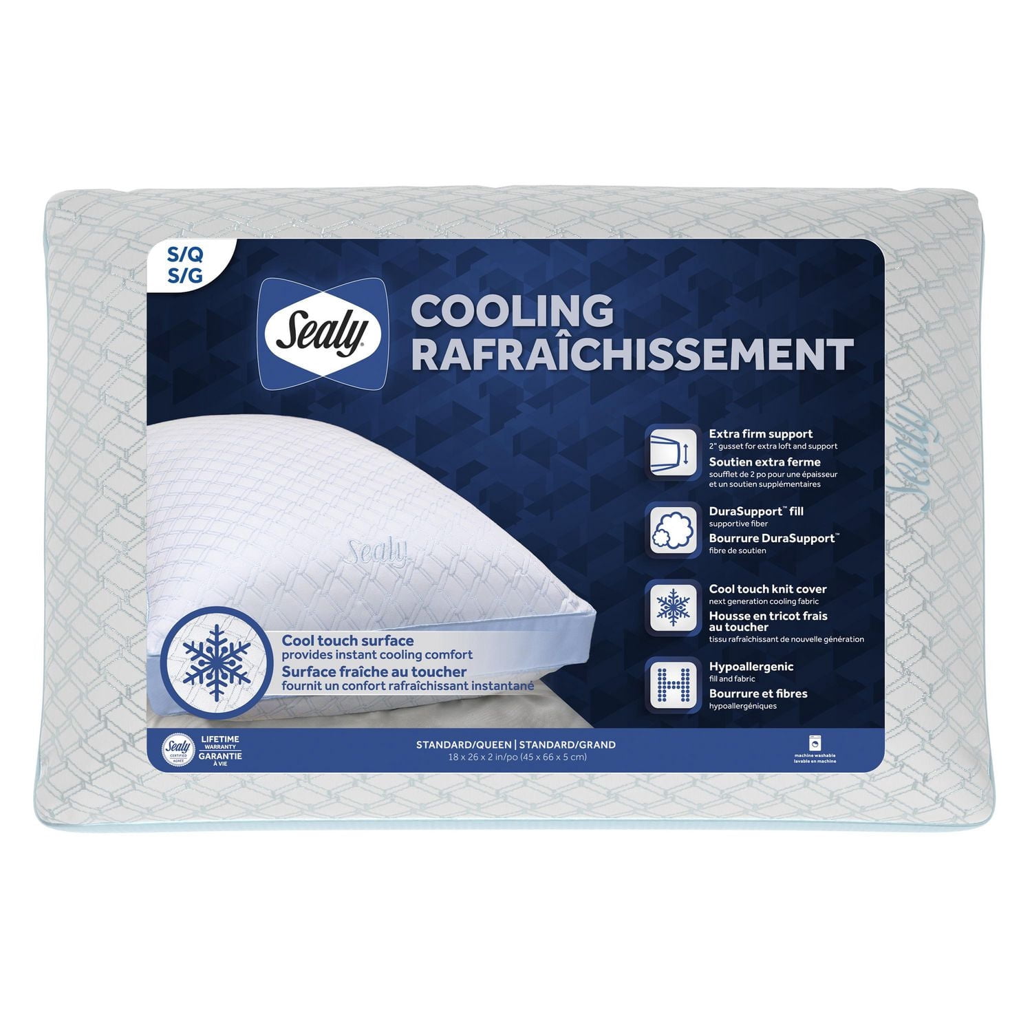 Sealy Cooling Bed Pillow, S/Q- Extra Firm Support, Cool to the Touch, Hypoallergenic