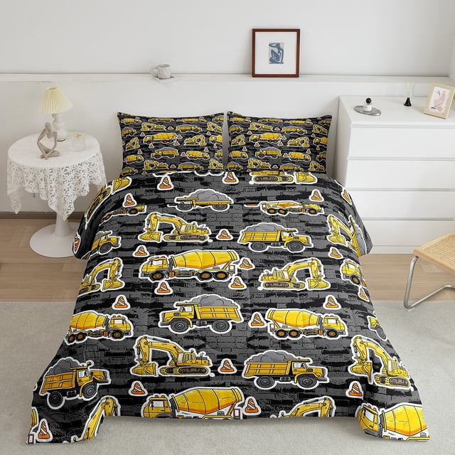 Erosebridal Construction Truck Bedding Queen Comforter Set, Yellow Down Comforter, Cartoon Vehicle Decor, Breathable