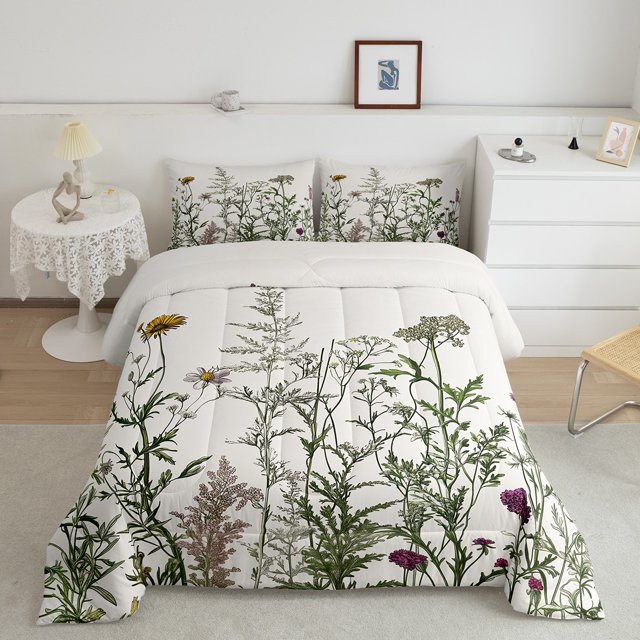 Erosebridal Retro Floral Bedding Queen Comforter Set, Botanical Plants Down Comforter, Spring Theme Home Decor