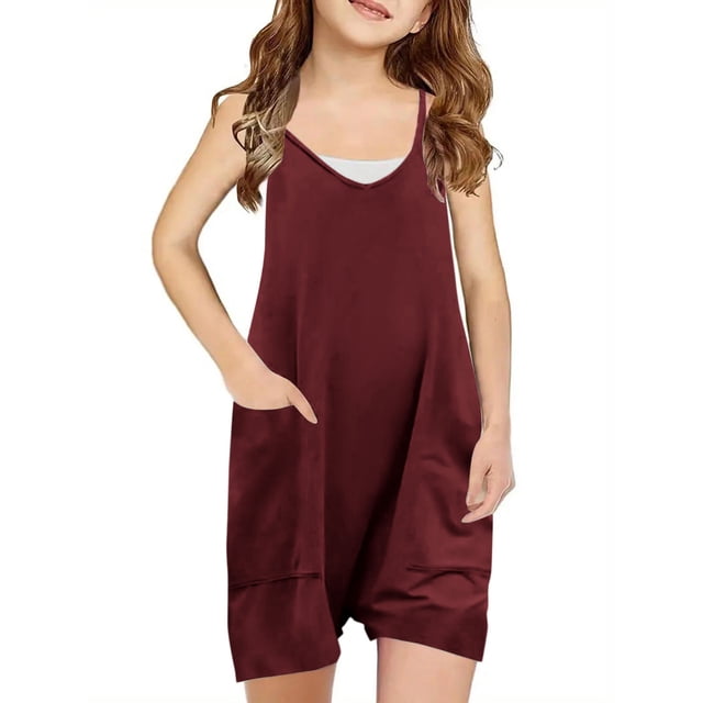 Plebaso Girls Summer Sleeveless Casual Solid Color Romper Spaghetti Strap Shorts Jumpsuit With Pockets