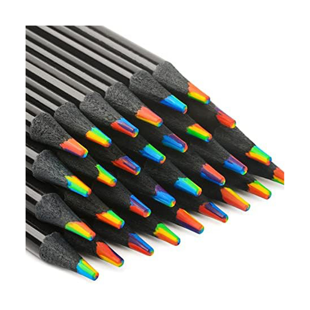 Wooden Rainbow Colored Pencils, 7 Color in 1 Rainbow Pencils, for Drawing Coloring Sketching, Multicolored Core, (12),12 x Rainbow Pencils,black