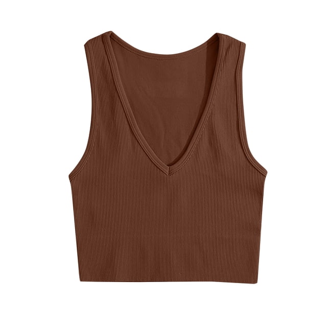 AherBiu Camisole Tops for Women Summer V Neck Low Cut Ribbed Knitted Slim Fitting Stretchy Solid Color Cropped Tank Tops