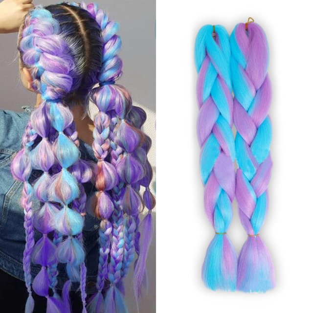 2 Pcs Tresse à Trois Brins de Couleur Mélangée Bleue et Violette