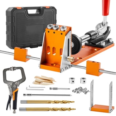 KFFKFF Pocket Hole Jig Set, 34 Piece Pocket Hole Jig Assembly with 11" C-clamp, Mounting Fixture, Incremental Drills, Spanners, Drill Halt Rings, Square Drive Attachments, Toolbox, Modifiable