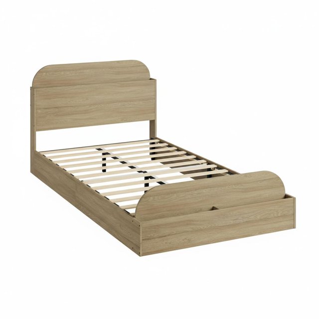 Towallmark Sturdy Storage Headboard Bed Frame - Wooden Platform, Raised Footboard, Slat Support, No Box Spring Needed, White & Walnut, Bedroom Furniture, Golden Sandalwood, TWIN Size