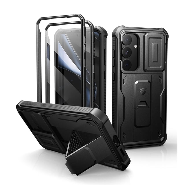 Dexnor for Samsung Galaxy S25 Plus Case in black, featuring a built-in slide camera cover, screen protector, and kickstand. This rugged, full-body bumper case offers military-grade drop protection, precise cutouts for ports and buttons, and compatibility with wireless charging and PowerShare. The case includes a PET screen protector and a second frame for custom screen protectors, along with raised edges for added screen safety. The kickstand doubles as a ring holder for secure grip and hands-free viewing in portrait or landscape mode. Designed for outdoor durability and portability.