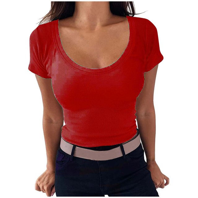 AherBiu Hauts de Sortie pour Femmes, Hauts Courts Côtelés, Manches Courtes, Encolure Dégagée, Coupe Ajustée, Basique, Haut d'Été, T-Shirts, Chemises