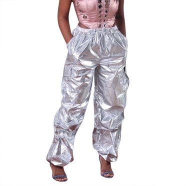 TJAZFJPA Women's Pants Elastic Waist Plus Size Women's Metallic Shiny Trousers Pocket Pleats Metallic Elastic Waistband Sports Trousers Loose Leisure Long Trousers Sweatpants Trousers