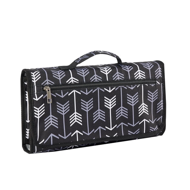 HIDETEX Portable Changing Pad - folded front view of a compact navy waterproof diaper changing mat with carry handle and buckle strap; unfolds to 36 x 22 in. for full coverage and folds to 11.4 x 8.2 in., features two oversized storage pockets, a built-in three-side expansion wipes pocket and a wipeable surface for easy cleaning, often used to keep changing supplies organized when travelling.