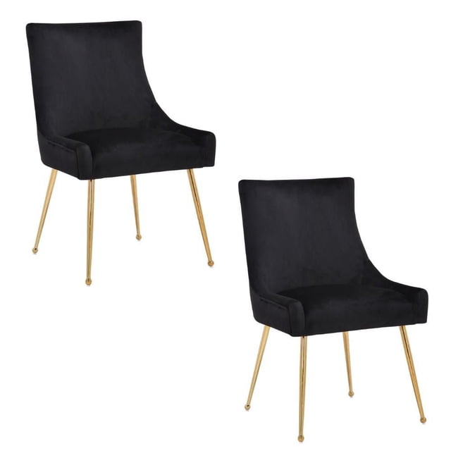HEYE II Chaise en Noir, Ensemble de 2 avec Deux Chaises de Salle à Manger, Rembourrées en Velours Noir et Soutenues par des Pieds en Métal Doré Peints Brillants, Présentées sur un Fond Blanc, Idéales pour la Cuisine et les Sièges de Salle à Manger et Souvent Utilisées comme Chaises d'Appoint Stylées.