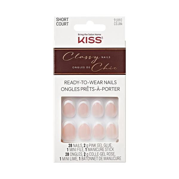 KISS Classy - Faux Ongles - Exclusif Seulement - Ovale - Court - 28 Unités Montrant des Faux Ongles Courts de Forme Ovale French tip Prêts à Porter dans une Boîte Blanche et Brune avec 28 Ongles, Colle gel Rose 2 g, mini Lime et Bâton de Manucure, Idéal pour des Manucures Faciles à la Maison.