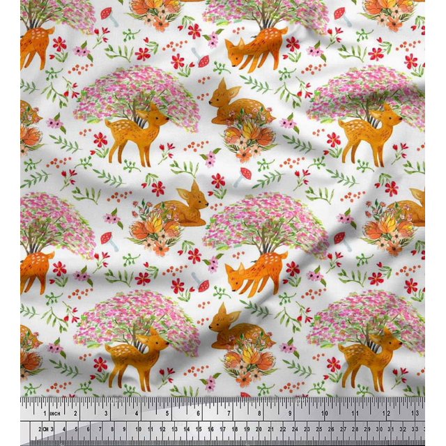 Soimoi Poly Georgette Fabric Tree,Floral & Deer Animal Print Fabric by The Yard 42 Inch Wide
