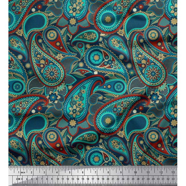 Soimoi Polyester Crepe Fabric Floral & Paisley Printed Fabric 1 Yard 42 Inch Wide