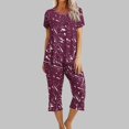 thumbnail image 2 of Économies d'Été Liquidation Iumwxz Pyjamas Décontractés Fluides Tenues Grande Taille Tenues d'Été Mode Graphique Col Rond Manches Courtes Taille Élastique Pantalons Raccourcis Ensembles Assortis pour Fête Dames, 2 of 7