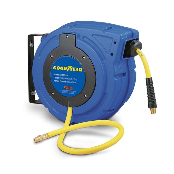 Goodyear Air Compressor Hose Reel Enclosed Retractable 3/8 in. x 50 ft. Hybrid Polymer Hose
