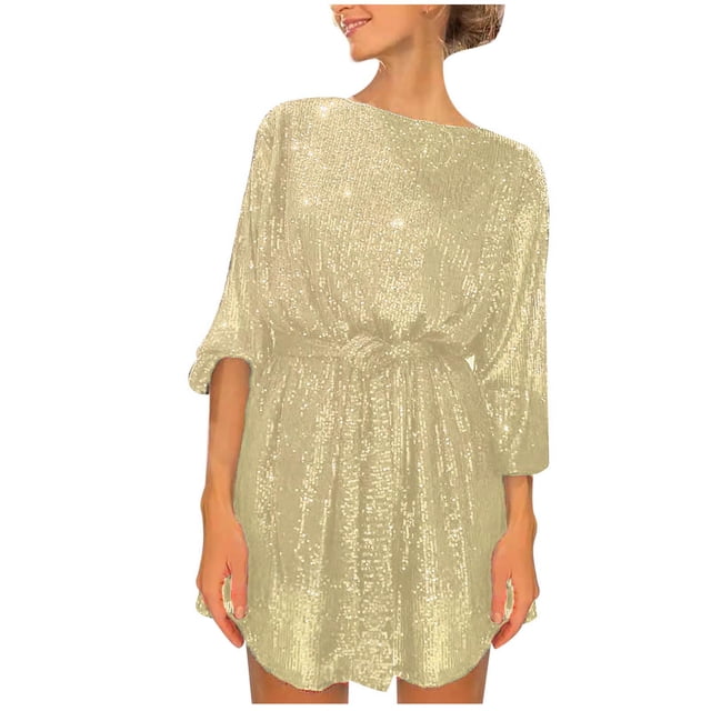 Robe à Manches Longues pour Femmes Mode pour Femmes Col Ras du Cou à Paillettes Robe Courte Unie à Manches Longues Robe de Soirée Robe Formelle