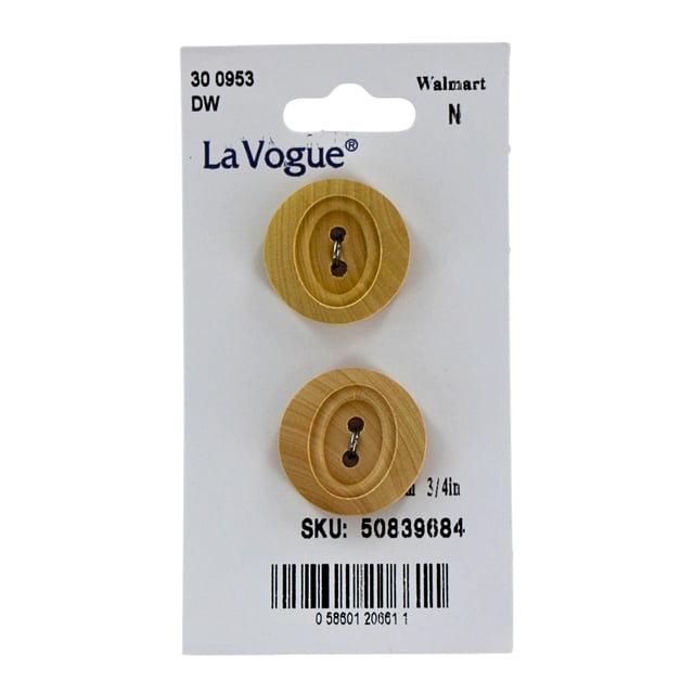 LA VOGUE Buttons, Natural Material - 2 pieces, 20mm (3/4in) showing two round natural finish buttons with smooth texture and two holes each, mounted on a white La Vogue card, suitable for sewing fasteners and craft accessories in knitting and handmade garments.