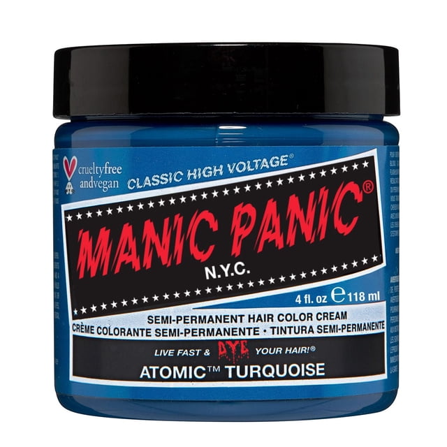 Manic Panic Crème Colorante Capillaire Semi-Permanente Turquoise Atomique en Pot Bleu de 4 fl oz (118 ml) avec Couvercle Noir, Étiquetée Sans Cruauté et Végane, avec Formule Classique à Haute Tension pour une Couleur de Cheveux Turquoise Vibrante dans les Soins Capillaires Personnels.