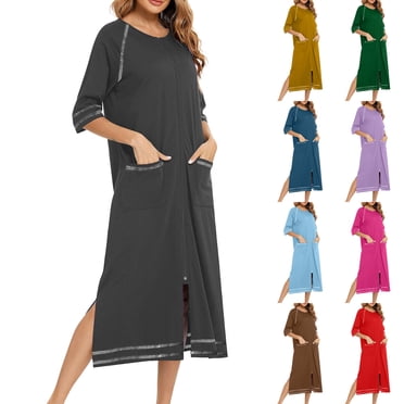 Wiyuqeen Robe Longue de Maison pour Femme à Fermeture Éclair Tenue d'Intérieur Manches 3/4 Peignoirs à Fermeture Éclair Longueur Complète Vêtement de Nuit Nuisette avec Poches