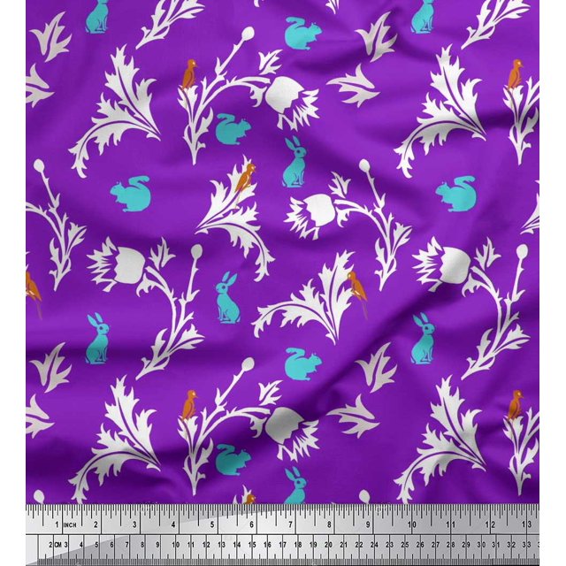 Soimoi polyester Crepe Fabric Leaves,Floral & Rabbit Animal Printed Fabric 1 Yard 42 Inch Wide