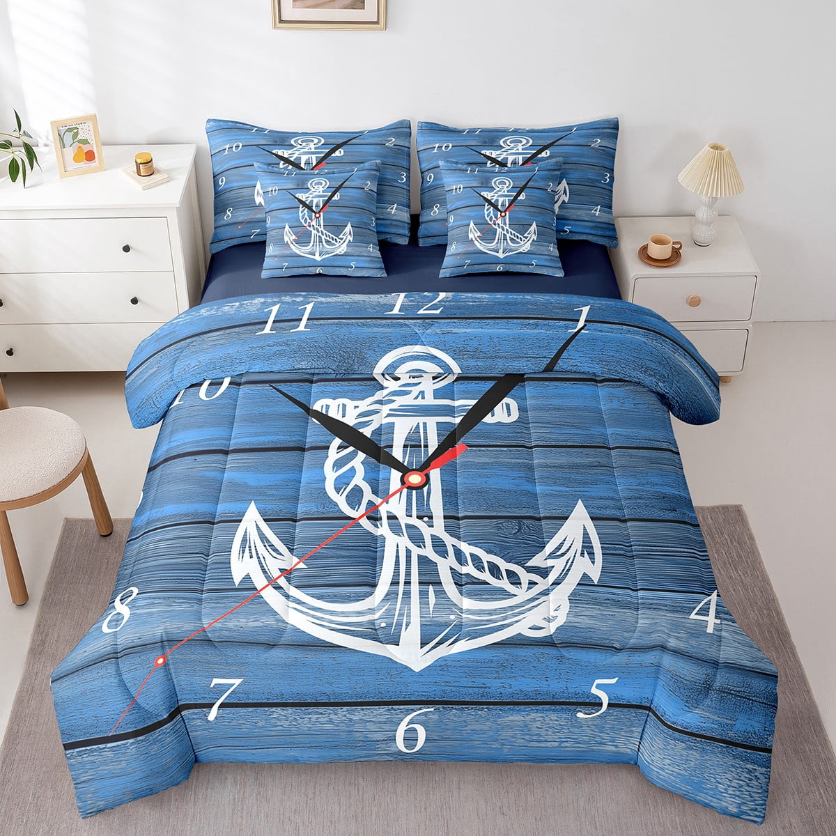 Erosebridal Literie Bleue à Motif d'Ancre Format Grand, Ensemble de Lit Style Chalet Format Grand, Décoration de Chambre Nautique, Réversible, Léger, 7 Pcs