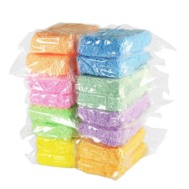 Educational Insights PlayFoam Class-Pack with 16 large Playfoam bricks in assorted colors including yellow, blue, green, orange, purple, pink, white, gray, and sparkle variants, each sealed in clear zip-closed bags stacked in two columns, suitable for kids craft kits and creative arts activities.