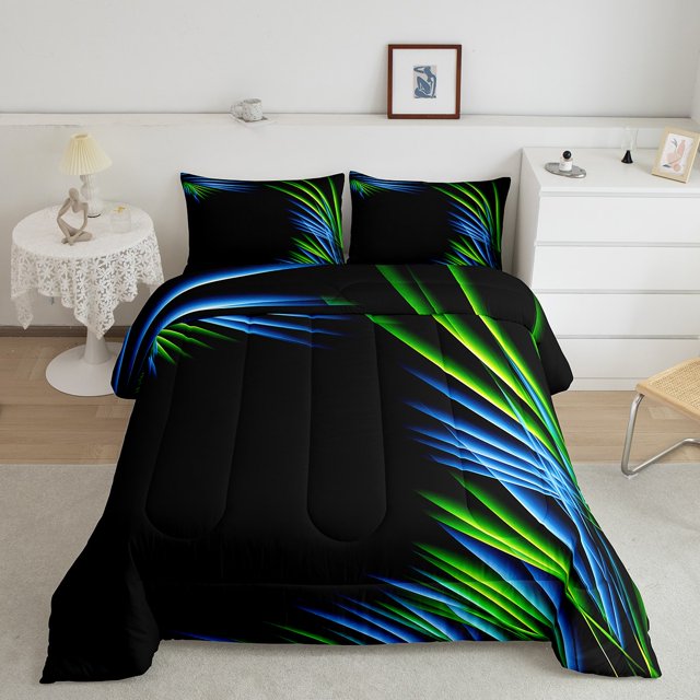 Erosebridal 3D Glowing Bedding Queen Comforter Set, Modern Abstract Down Comforter, Geometry Striped Decor, Reversible 3pcs