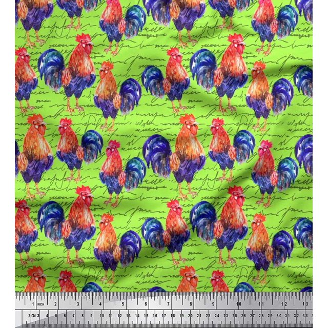 Soimoi Satin Silk Fabric Text & Hen Bird Print Fabric by the Yard 42 Inch Wide