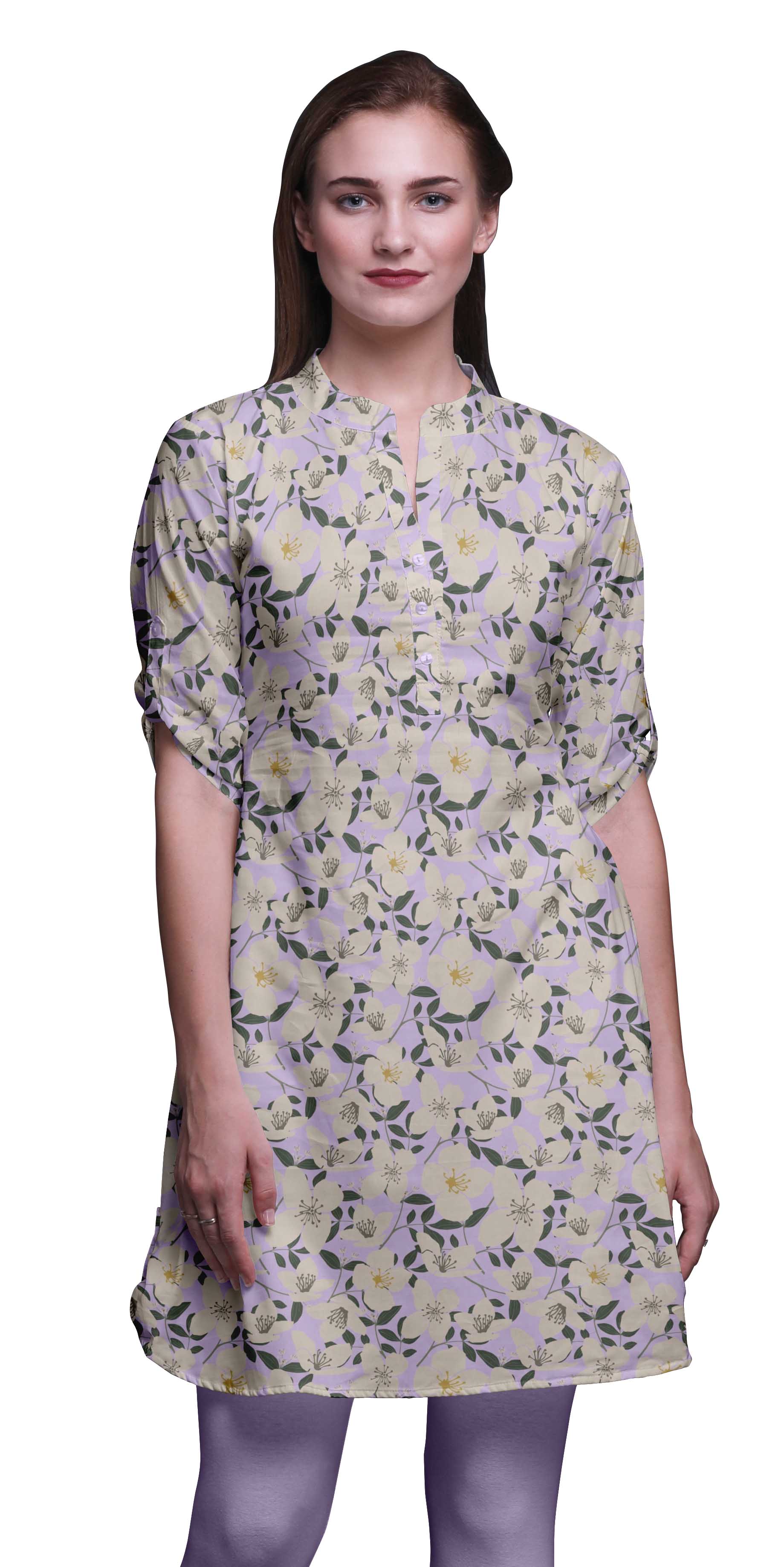 Bimba Women Straight Kurta Mandarin Collar Printed Dress Short Kurti Tops
