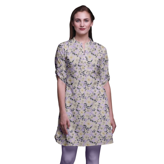 Bimba Kurti à Manches Retroussables pour Femmes, Col Mandarin Imprimé, Hauts de Kurti Courts